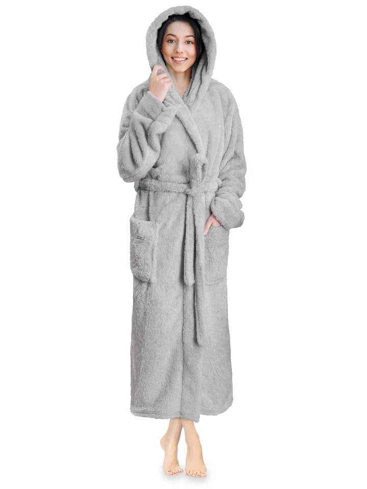 PAVILIA Women Hooded Plush Soft Robe | Fluffy Light Gray Size Large-x-large