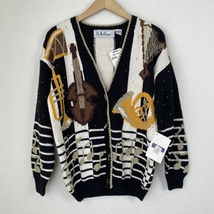 NWT Vintage Music Novelty Cardigan Belle Pointe Unisex L Band Intarsia Note - Picture 1 of 11