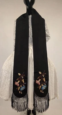 VICTORIAN 19TH C SILK DRESS SASH W POLCHROME SILK FLOSS FLORAL HAND EMBROIDERY - Image 1 of 4