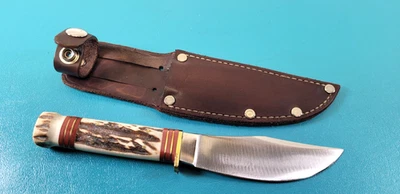 Cuchillo Cazador Bowie Canicas Mango de Ciervo y Pomo Hecho en EE. UU. + Funda Foto 1 de 4