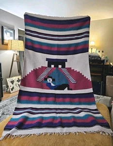 Vintage Azteken Maya Decke Wandteppich gewebt blau lila rosa weiß 40"x 70" - Bild 1 von 5