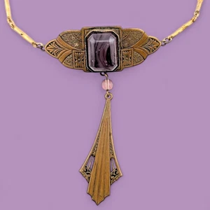 Antique Art Deco Purple Glass & Brass Nouveau Lavalier Choker Necklace Collar B5 - Picture 1 of 10