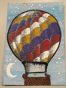 ACEO ATC Original Gemälde Heißluftballon, Mini Nachtflug 3,5x2,5 - Bild 1 von 2