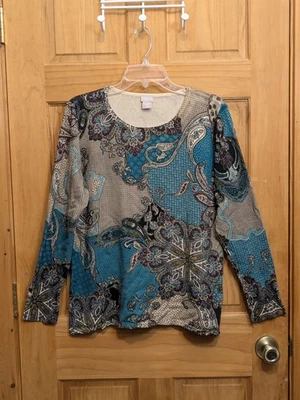 Suéter Pullover Chico's 2 LG Paisley Floral LS Top Verde Marrón Boho Artístico Cómodo Foto 1 de 4