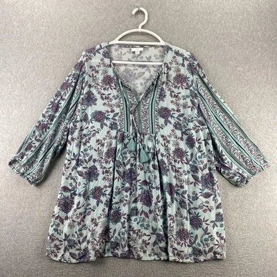 J Jill XL синий цветочный богемное крестьянин верхний 3/4 рукав кисточки V шеи вискоза блузка - Изображение 1 из 4