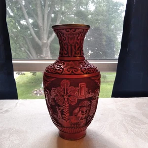 Antique Vintage Chinese Cinnabar Red Lacquer Vase With 2 Different Scenes 6.2"H - Picture 1 of 12