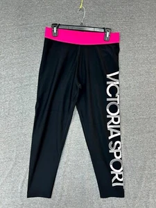 Victoria's Secret Sport Crop Legging Womens Large Black Graphic Mid-Rise Pull-On - Picture 1 of 7