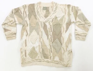 Rare VTG COOGI Australia Crazy Textured Knit V-Neck Sweater 90s Biggie Beige S - Picture 1 of 11