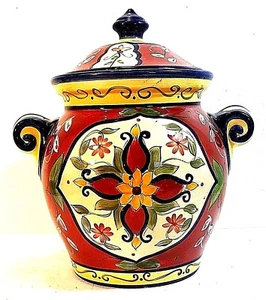 COLORFUL HAND PAINTED EARTHENWARE URN SHAPED CANISTER 12" TALL - Picture 1 of 4