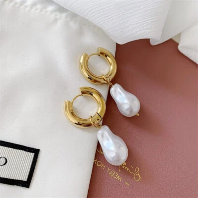 Woman 18K Gold Plated Baroque Pearl Earring Clip Hoop Huggie Drop Dangle  - Image 1 of 4