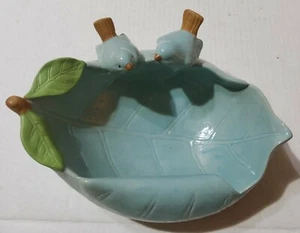 Ceramic Leaf Bowl w/ 2 Birds Glazed Blue 8” Trinket Dish Pottery Planter Deep - Picture 1 of 7