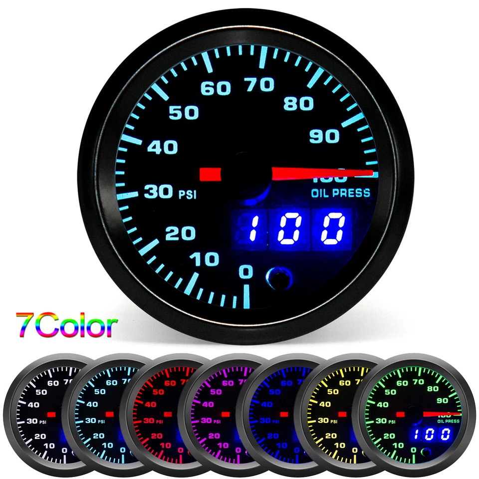 52mm Digital&Pointer 7 Color LED Oil Pressure Gauge 0-100 Psi Meter with Sensor - Image 1 of 4