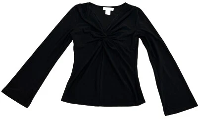 Blusa White House Black Market S preta gola V elástica torção manga longa alargamento - Imagem 1 de 4