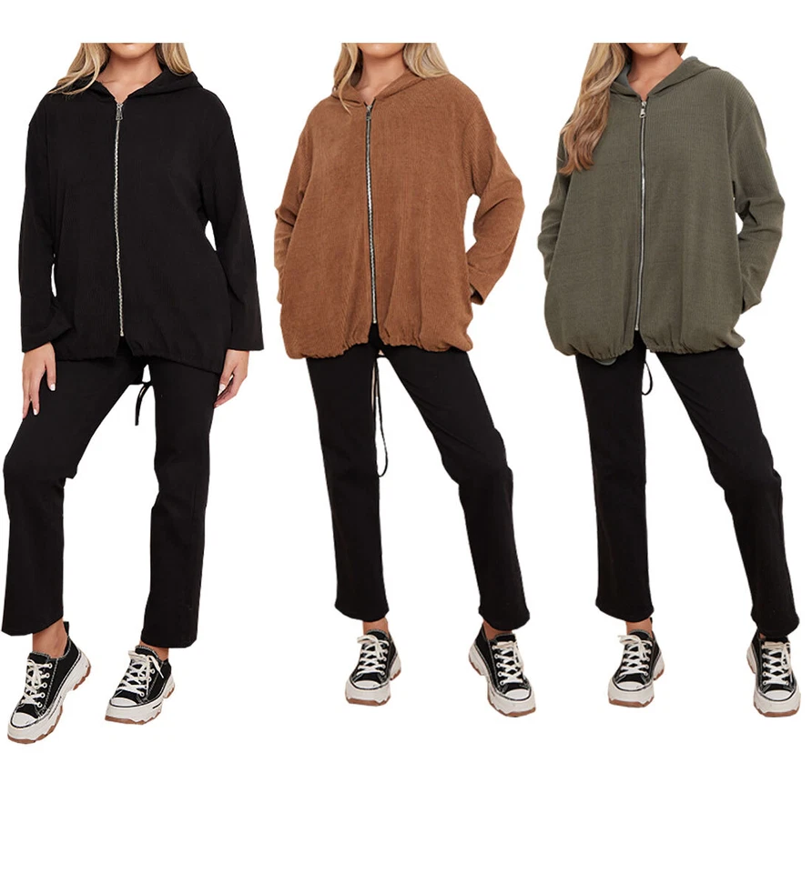 Damas Mangas Largas Cremallera Frontal Acanalado Sudadera con Capucha Cordón Dobladillo Sudadera con Capucha Foto 1 de 1