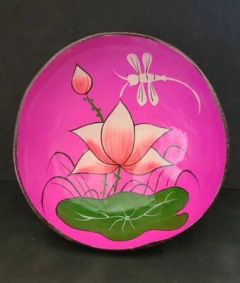 Cuenco vintage con cáscara de coco pintado a mano libélula flor de loto Foto 1 de 4