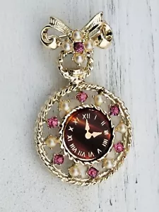 Vintage Watch Gold Tone Brooch with Faux Pearls Pink Rhinestones - Picture 1 of 3