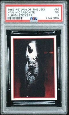 Pegatinas álbum Star Wars Return of the Jedi 1983 #65 Han en carbonita PSA 7 casi nuevo Foto 1 de 2