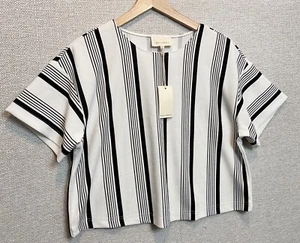 Melloday Black White Striped Shirt Blouse Size M Medium Cropped Dress Casual - Picture 1 of 9