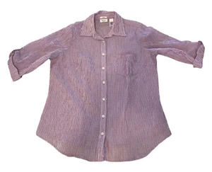 Liz & Co. Woman Blouse 1X Lavender Stripe Stretch Roll Tab Button Sleeve Pocket - Picture 1 of 9