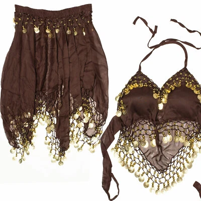 Gonna danza del ventre e top danza del ventre costume carnevale carnevale 2 pezzi marrone - Immagine 1 di 2