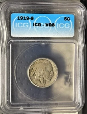 1919-S Buffalo Nickel, ICG -VG8, Tough Date, Good Solid coin and  Issue Free - Image 1 of 2