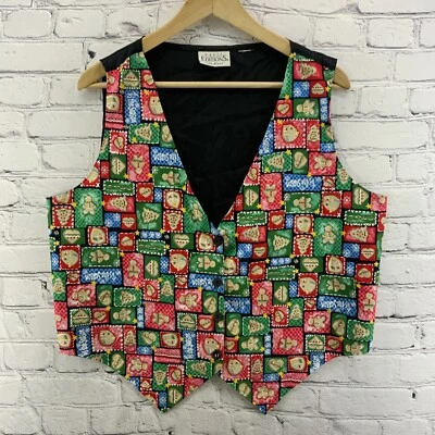 Basic Editions Holiday Vest Gingerbread Cookie Print Red Green Black Christmas - Image 1 of 4