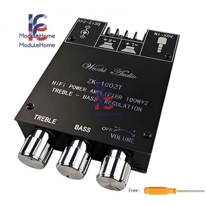 ZK-1002T Bluetooth 5.0 Stereo Amplifier Board Treble Bass 2 Channel 100W+100W - Picture 1 of 12