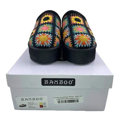 Zueco de ganchillo con plataforma de bambú 8,5 elegantes pantuflas abrazo tejido abuela estilo cuadrado Foto 1 de 4