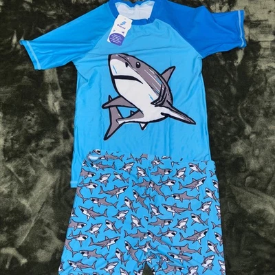 Ovovod Boys Shark Rashguard Swim Set Blue UPF Kids 12-14 Youth Large NWT - Image 1 of 4