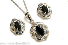 9ct White Gold Black CZ Pendant and Studs Earring Celtic Set Gift Boxed UK Made