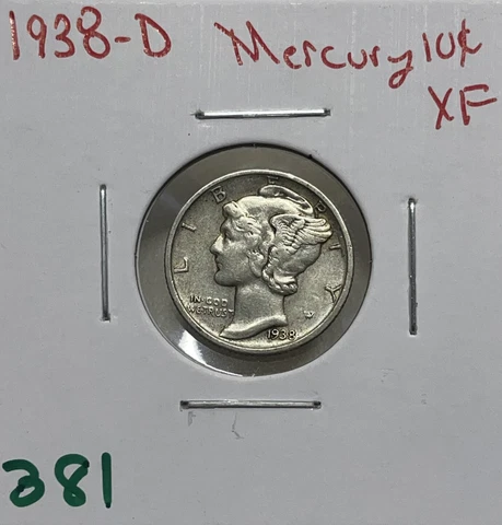 1938-D Mercury Dime XF Extra Fine 90% Silver Cover