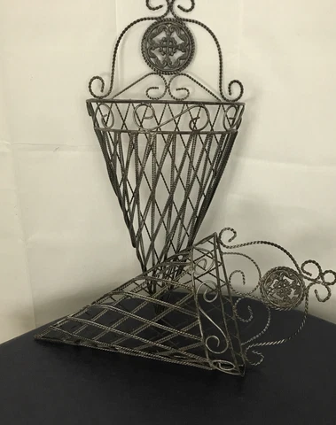 vtg Wall Pocket 2 Metal Hanging Cone Baskets Open Weave Triangle Victorian 28”22 Cover