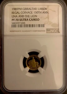 Gibraltar 1989 Una And Lion Gold Coin 1/4 Sovereign Proof NGC PF70UC - Picture 1 of 2