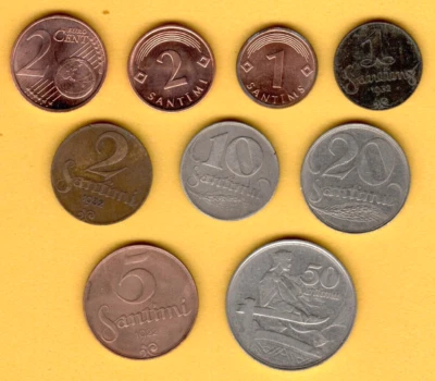 Lot of 9 Coins Latvia 1, 2, 5, 10, 20, 50 Santimi 1922-2014 Lettland Baltic 3094 - Image 1 of 2
