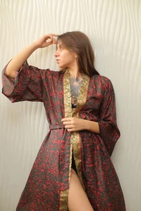 Pure Silk Midi Kimono Robe Knee Length Gown Silk Kimono Robe Green PS MKMO2058 - Picture 1 of 10