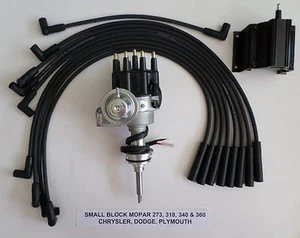 MOPAR 360 340 318 273 BLACK SMALL Cap HEI Distributor + COIL + USA Plug Wires - Picture 1 of 5