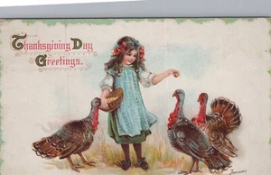 Thanksgiving c.1912 - F. Brundage - Girl Feeding Turkeys - Posted - Picture 1 of 2