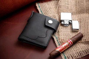 Personalized Minimalist Leather Biker Wallet Chain Black Custom Trucker Bifold - Picture 1 of 21
