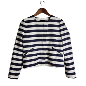Banana Republic Striped Navy & White Full Zip Pockets L/S Cropped Jacket Size 0 - Picture 1 of 16