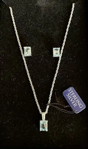 Womens Sterling Silver Blue Topaz Necklace & Earring Set In Gift Box Pierced Ear - Picture 1 of 8