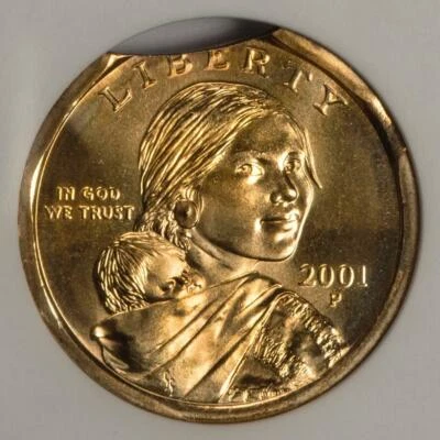 2001 ANACS MS65 Clip and Rim Clip Sacagawea Dollar Mint Error Rare Type Coin - Image 1 of 4