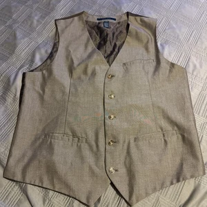 Perry Ellis Linen Vest Mens L V-Neck Beige Buttons Pockets Sleeveless - Picture 1 of 2