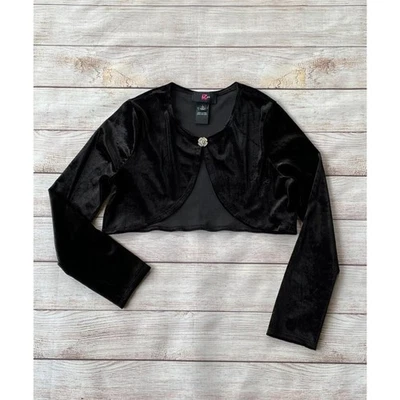 IZ Byer Girl Black Velvet Shrug Size Small Long Sleeve Cropped Bolero Jacket - Image 1 of 4