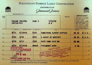 Famous Players Lasky Invoice July 31 1925 A Night of Mystery Easy Come Easy Go - Picture 1 of 1