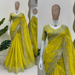 Designer Yellow Saree For Women Bollywood Indian Saree Party Sari Wedding Saree - Picture 1 of 10