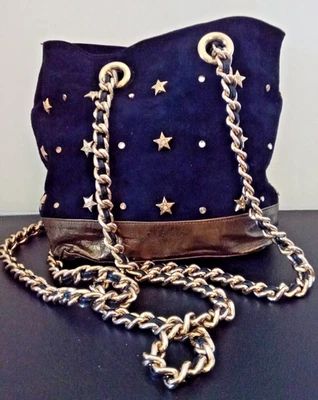 Bolso de Hombro Beverly Feldman Pequeño Azul Gamuza y Cuero Bronce. Foto 1 de 4