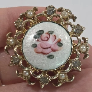CORO Signed Guilloche Handpainted Rose Rhinestone/ Pearl Brooch Pin  - Picture 1 of 4