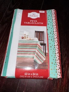 Peva Tablecloth 60"x84" Diameter Green Red Pink White Stripe Gold Speckles NEW - Picture 1 of 4