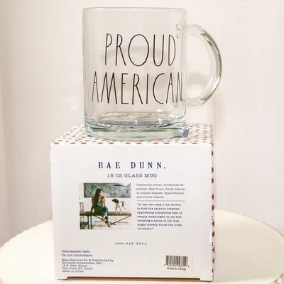 RAE DUNN Proud American Clear Glass Coffee Tea Mug Patriotic Americana USA  - Image 1 of 4