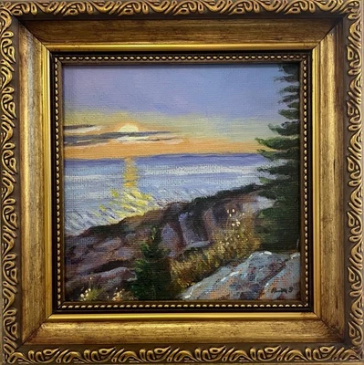Costa del Parque Nacional Acadia • Mini pintura de paisaje marino amanecer 7x7 en marco dorado Foto 1 de 4